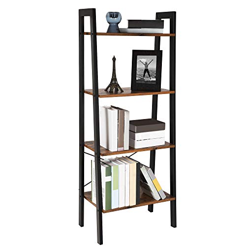 Vista general con objetos Estantería de estilo Industrial tipo Escalera con 4 niveles de Almacenaje, Estable Marco Metálico para Sala de Estar. Montaje Fácil, Marrón Rústico y Negro LLS44X. VASAGLE