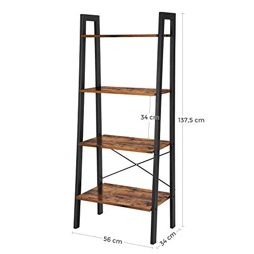 Medidas de Estantería de estilo Industrial tipo Escalera con 4 niveles de Almacenaje, Estable Marco Metálico para Sala de Estar. Montaje Fácil, Marrón Rústico y Negro LLS44X. VASAGLE