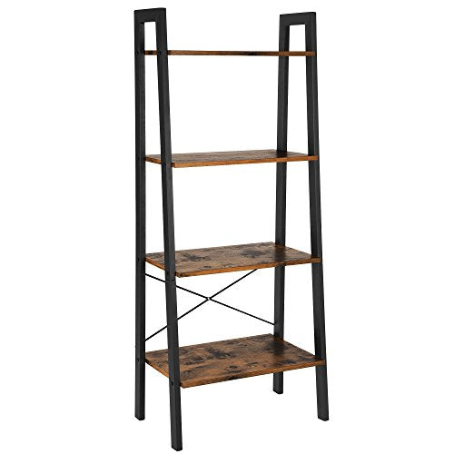 Estantería de estilo Industrial tipo Escalera con 4 niveles de Almacenaje, Estable Marco Metálico para Sala de Estar. Montaje Fácil, Marrón Rústico y Negro LLS44X. VASAGLE