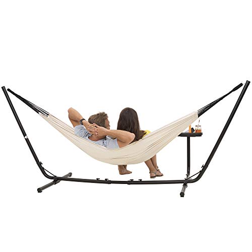 Pareja en Hamaca con Soporte para 2 Personas con Estante para Colocar Vasos. Soporta hasta 205 kg . 241 x 160 cm. con Funda de Transporte (Beige). VITA5