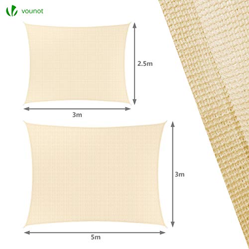 Medidas y detalle del tejido del Toldo Vela 2,5 x 3 m, con Kits de Montaje, Protección UV y HDPE Transpirable, Beige. VOUNOT