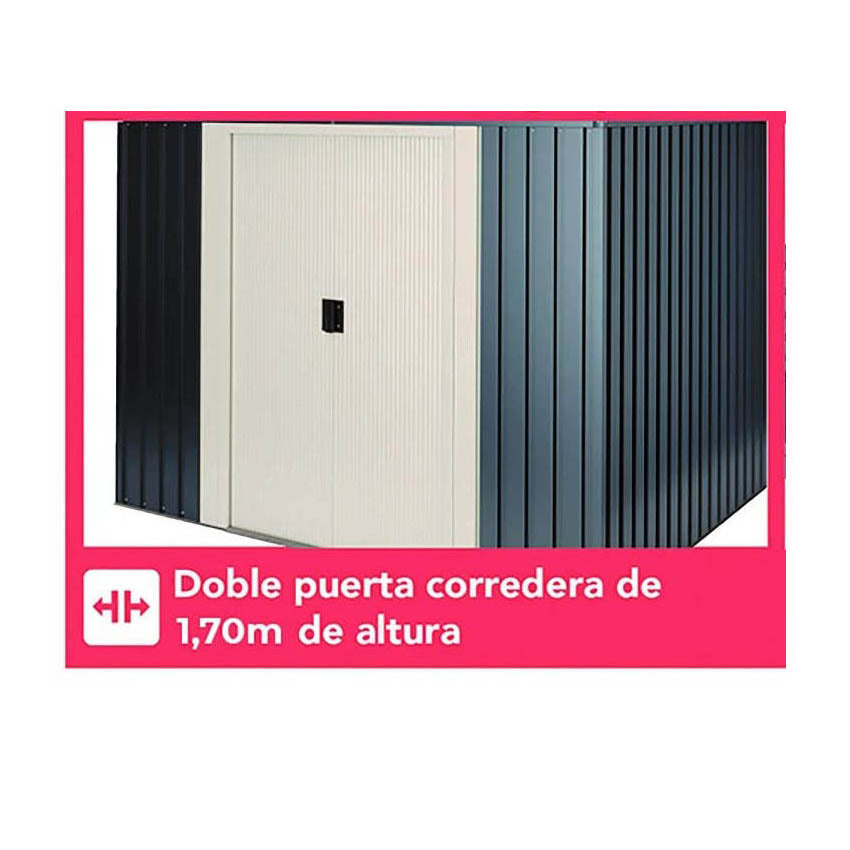 Cobertizo Jardín, caseta Metálica Gris Antracita Stark. 2,3m2-121x195x196cm Garantía 10 años. Detalle doble puerta. Wasabi