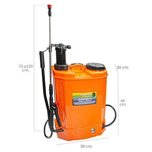 Medidas de la Sulfatadora Eléctrica a Batería Doble Uso Batería o Manual con Batería Recargable 12 V / 8 Amperios. LINEA PROFESIONAL . WOLFPACK